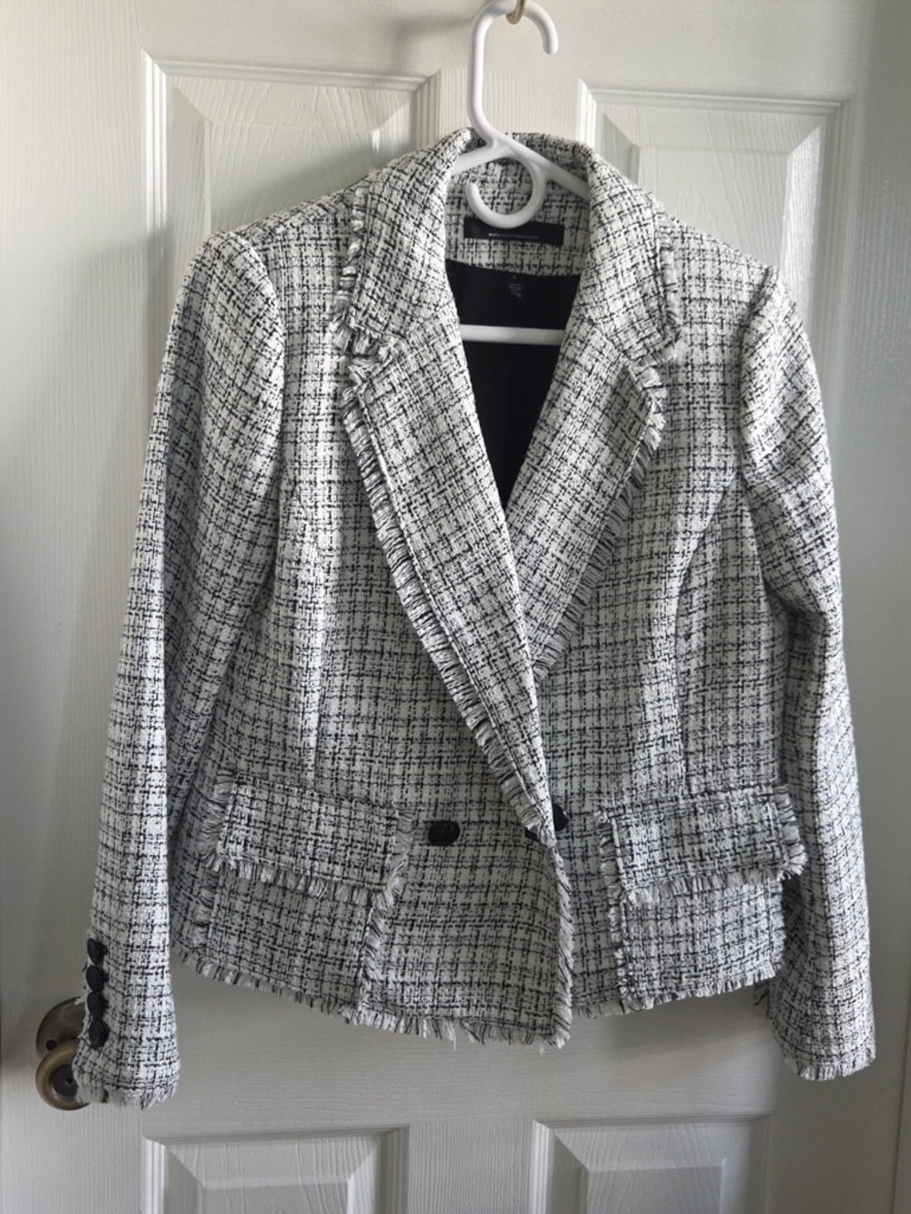 White House Black Market Black & White Tweed Fringed Blazer